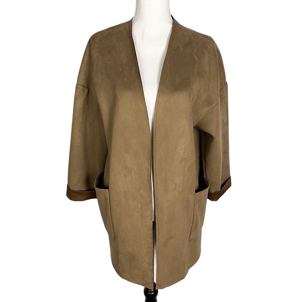 Zara Basic Faux Suede Coat Size XS Long Sleeve Tan Open Front Oversized Jacket